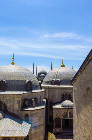 Domes of Saint Sophie Cathedral and Blue Mosque, from Saint Sophie, Istanbul, Turkey.の写真素材
