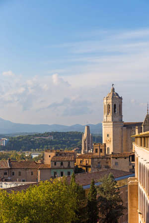 Cathedral in Girona in the setting sun. Sunset. Catalonia, Spain.の写真素材