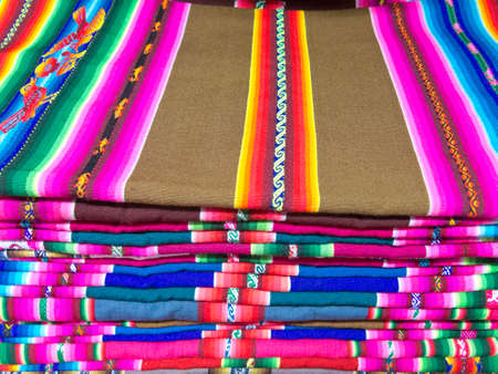 Multicolored Andean blankets in a market, La Paz, Bolivia.の写真素材