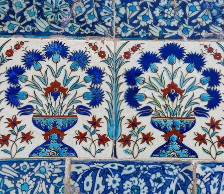 Ancient hand made Turkish - Ottoman tiles, in Topkapi palace, Istambul, Turkey. Topkapi Palace is...