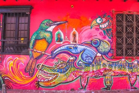 Colonial house with graffiti in the neighborhood of La Candelaria, Bogota, Colombia.のeditorial素材