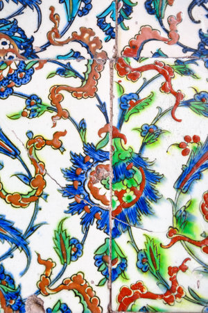 Ancient hand made Turkish - Ottoman tiles, in Topkapi palace, Istambul, Turkey. Topkapi Palace is imperial era, fifteenth century, and is one of the biggest tourist attractions in Istanbul.のeditorial素材