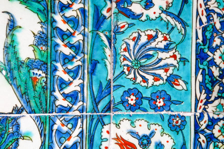 Ancient hand made Turkish - Ottoman tiles, in Topkapi palace, Istambul, Turkey. Topkapi Palace is...