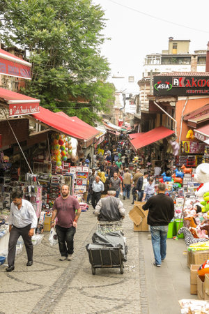 ISTANBUL, TURKEY - MAY 21, 2016: Exterior Grand Bazaar in Istanbul with unidentified people. It is one of the largest and oldest  markets in the world.のeditorial素材