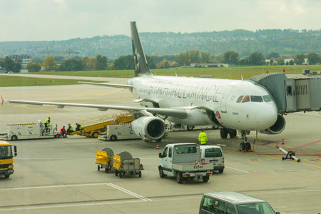 Stuttgart, Germany - October 26, 2016. A plane from Start Alliance at International airport of Stuttgart, Manfred Rommel. It is the seventh airport in importance in Germany.のeditorial素材