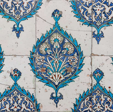 Iznik lapis tiles with tulip pattern on a wall in the Harem in Topkapi Palace, in Istanbul, Turkey
