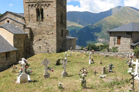 Church of Durro example of Romanesque art. Durro, typical stone village in the Catalan Pyrenees,...