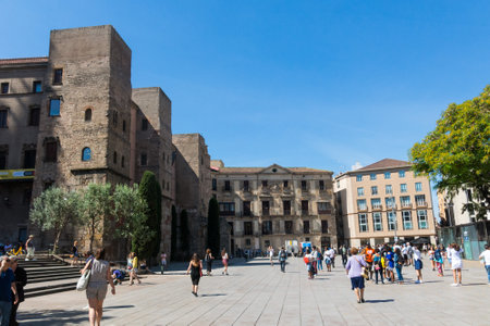 BARCELONA SPAIN - September 2 2017: View of the renovated square of the Cathedral of Barcelona, with the wall and the Roman towers. It is the Gothic cathedral and seat of the Archbishop. Barcelona, Spain.のeditorial素材