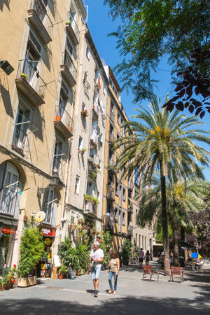 Barcelona, Spain - September 2, 2017: Old streets of the Gothic Quarter of Barcelona, Catalonia. It is centre of old city of Barcelona. Center of touristic lifeのeditorial素材