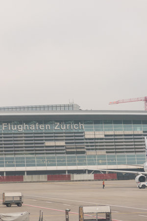ZURICH, SWITZERLAND - DECEMBER 29, 2017: Fog in the Kloten Airport or Zurich International Airport. It is the largest airport in Switzerland.のeditorial素材