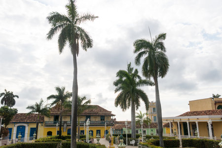 TRINIDAD, CUBA - JANUARY 4, 2017: Urban scene in Main square in Trinidad, Cuba. Colonial town cityscape of Trinidad, Cuba.  Tower of Museo Nacional de la Lucha Contra Bandidosのeditorial素材