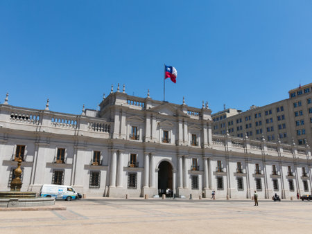 SANTIAGO DE CHILE, CHILE - JANUARY 26, 2018: View of the presidential palace, known as La Moneda, in Santiago, Chile. This palace was bombed in the coup of 1973のeditorial素材