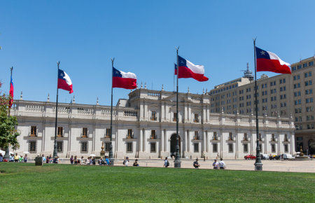 SANTIAGO DE CHILE, CHILE - JANUARY 26, 2018: View of the presidential palace, known as La Moneda, in Santiago, Chile. This palace was bombed in the coup of 1973のeditorial素材