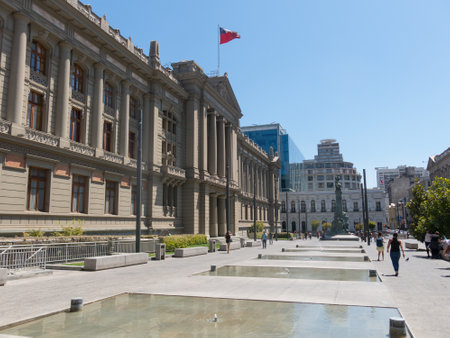 SANTIAGO DE CHILE, CHILE - JANUARY 26, 2018: View of the Palace of Courts of Justice of Santiago de Chile, the capital of Chile, located in Montt-Varas Square (Plaza Montt-Varas in Spanish). Santiago de Chile, Chile.のeditorial素材