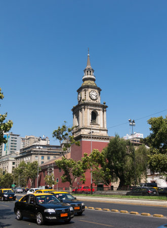 SANTIAGO DE CHILE, CHILE - JANUARY 26, 2018: The church of San Francisco, temple and old convent in the Alameda, the main avenue of Santiago de Chile. It is the oldest architectural monument in Chile.のeditorial素材