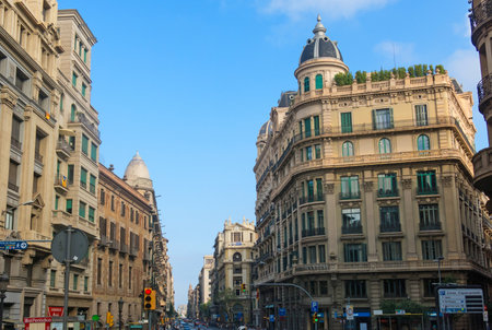 Barcelona, Spain - September 2, 2017: View of Via Laietana, one of the most important streets of the city of Barcelona, which connects the city center with the sea. Barcelona, Catalonia, Spainのeditorial素材