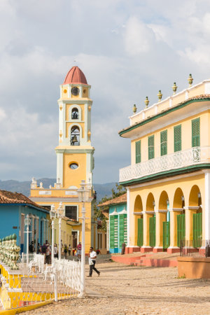 TRINIDAD, CUBA - JANUARY 4, 2017: Urban scene in Colonial town cityscape of Trinidad, Cuba.  Tower of Museo Nacional de la Lucha Contra Bandidosのeditorial素材