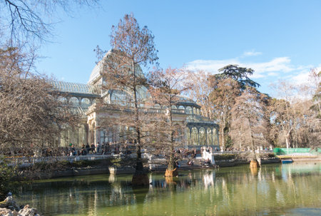 Madrid, Spain - January 27, 2018: Crystal Palace (Palacio de cristal) in Retiro Park in Madrid, Spain. Retiro Park is one of the largest parks of the city of Madrid, Spain. Madridのeditorial素材
