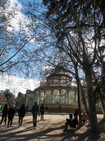 Madrid, Spain - January 27, 2018: Crystal Palace (Palacio de cristal) in Retiro Park in Madrid, Spain. Retiro Park is one of the largest parks of the city of Madrid, Spain. Madridのeditorial素材