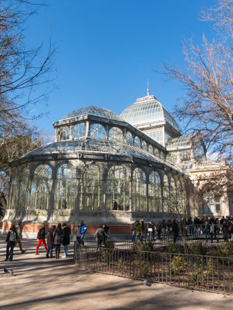 Madrid, Spain - January 27, 2018: Crystal Palace (Palacio de cristal) in Retiro Park in Madrid, Spain. Retiro Park is one of the largest parks of the city of Madrid, Spain. Madridのeditorial素材