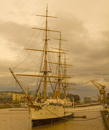 BUENOS AIRES, ARGENTINA - OCTOBER 1: Frigate President Sarmiento docked at the dock in Puerto...