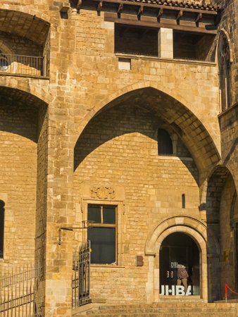 BARCELONA, SPAIN - SEPTEMBER 2, 2018: Barcelona: medieval Palau Reial (Royal Palace in catalan) at Placa del Rei (King's Square), in the heart of Barri Gotic (gothic quarter). Barcelona, Catalonia, Spainのeditorial素材