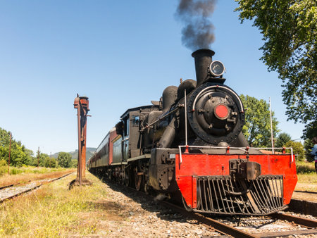 Tourist train called Valdiviano that runs from Valdivia to Antilhue with a 1913 North British locomotive type 57. Los Rios Region, in southern Chile.のeditorial素材