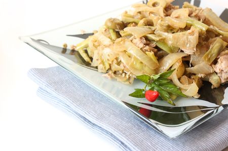 Asian style dish with vegetables and tuna fish - stir fry cookedの写真素材