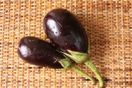 Freshly washed baby eggplantsの写真素材