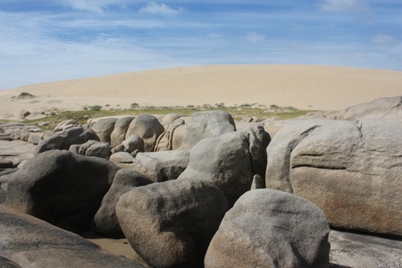 Rock landscape in a lonely beach near Valizas, Uruguay.の写真素材