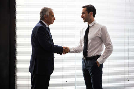 Half length portrait of two businessmen standing up and shaking handsの写真素材