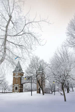 La porte des anciens maires is commemorative gate to the mayors of the city of Saint-Hyacinthe, Quebec, Canada in winterのeditorial素材
