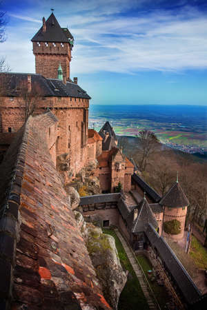 View from the top of the tower of the Haut-Koenigsbourg old medieval Castle in Alsace Franceの写真素材