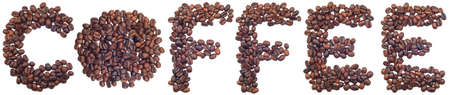 Word coffee made of coffee beans on whiteの写真素材