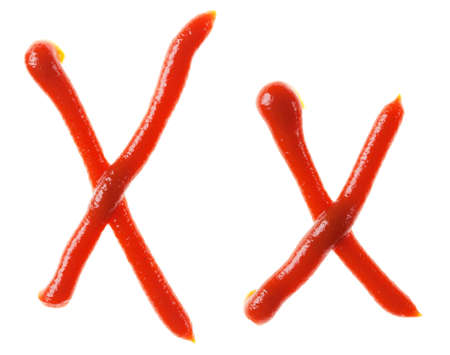 Alphabet letters made from tomato, ketchup syrup are isolatedの写真素材