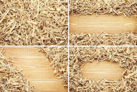 Wooden sawdust and shavings backgrounds with space for textの写真素材