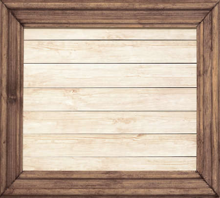 Vintage brown wooden frame on wooden planksの写真素材