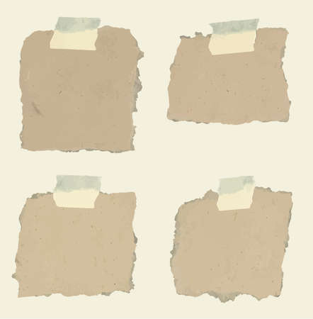 Set of various torned note papers with adhesive, sticky tape on brown background.のイラスト素材