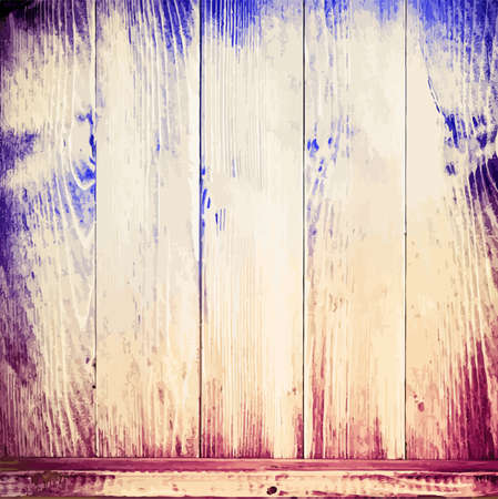 Old colorful painted wooden planks texture with shelf for books, kitchen utensils and other items. Vector illustrationのイラスト素材
