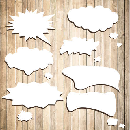 White vector speech bubbles with shadow like clouds on brown wooden wall. Vector Illustration.のイラスト素材