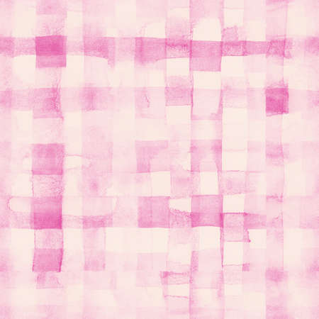 Pink lines and squares painted watercolor pattern. Seamless background.の写真素材