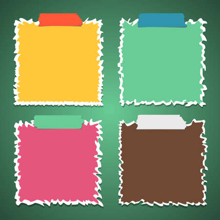 Set of torn crumpled colorful note paper with adhesive, sticky tape on green background.のイラスト素材