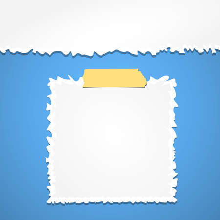 Torn crumpled white paper with adhesive, sticky tape on blue background.のイラスト素材