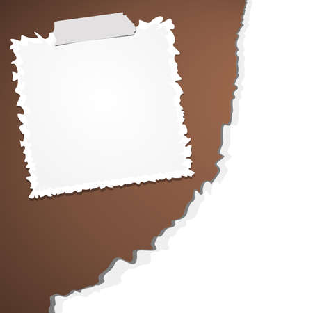 Torn crumpled white paper with adhesive, sticky tape on brown background.のイラスト素材