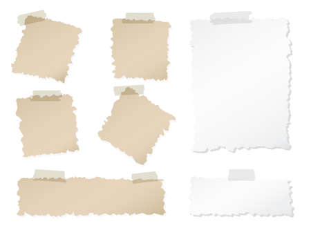 Set of various torn note papers with adhesive, sticky tape on white background.のイラスト素材