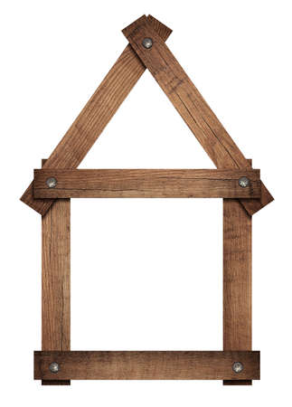Wooden house home icon screwed frame is solated on white background.の写真素材