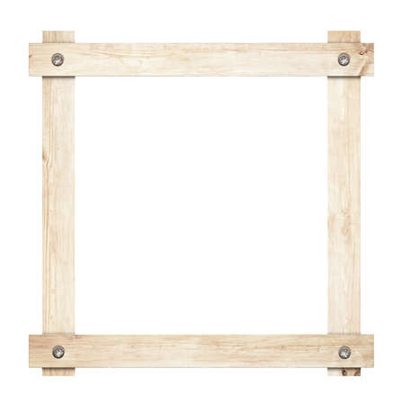 Composition of light wooden planks screwed frame isolated on white background.の写真素材