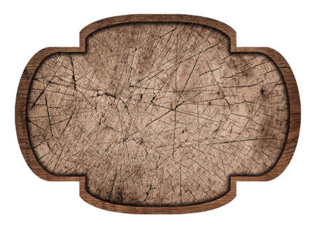 Brown wooden signboard, plate, stump texture and dark frame on white background.の写真素材