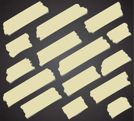 Set of diagonal and different size sticky tape, adhesive pieces on black background.のイラスト素材