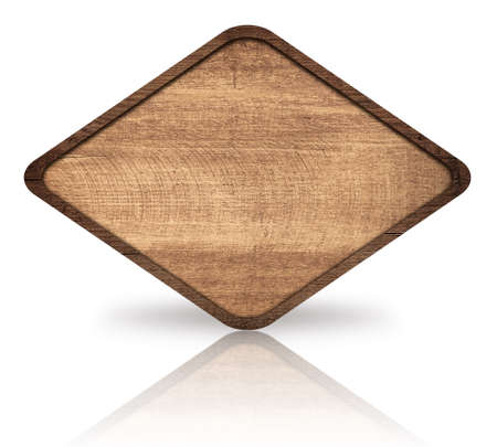 Brown wooden rhombus with dark frame, signboard and reflection on glass table.の写真素材
